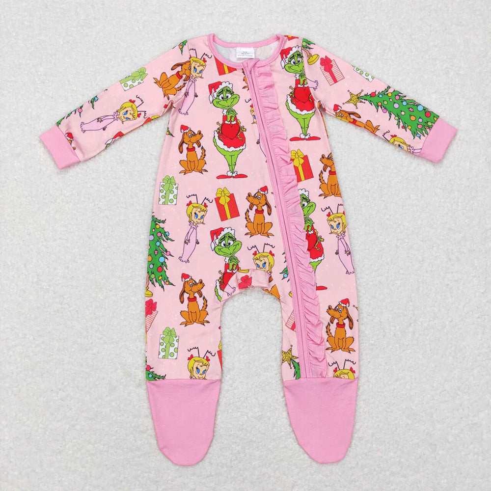 Boys Girls Kids Green Face Christmas Zipper Footie Romper Pajamas Set Sibling Clothes RTS
