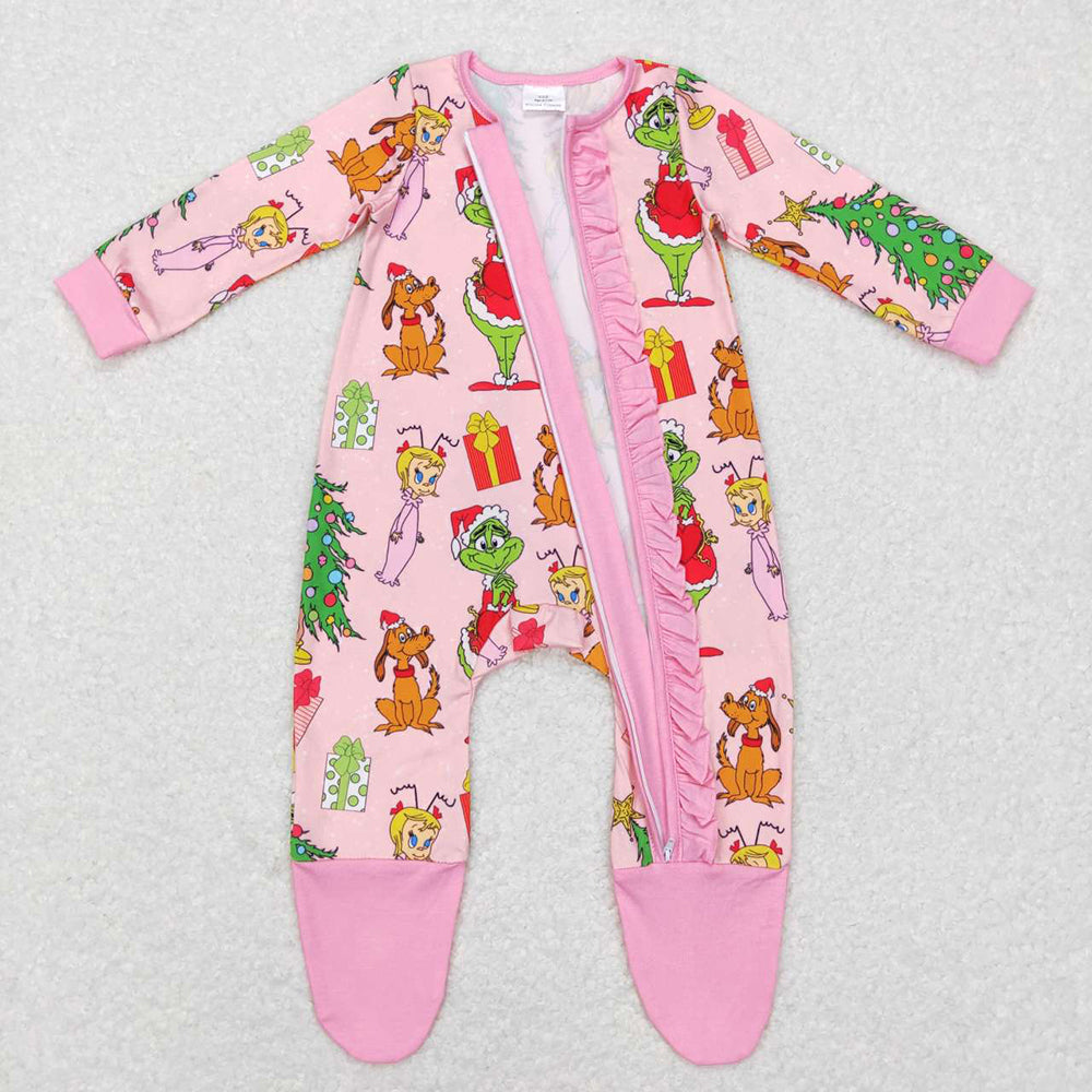 Boys Girls Kids Green Face Christmas Zipper Footie Romper Pajamas Set Sibling Clothes RTS