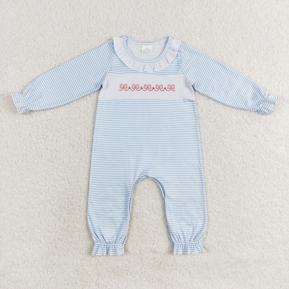 Baby Girl Blue Stripes Bows Sibling Sister Embroidery Romper Dress