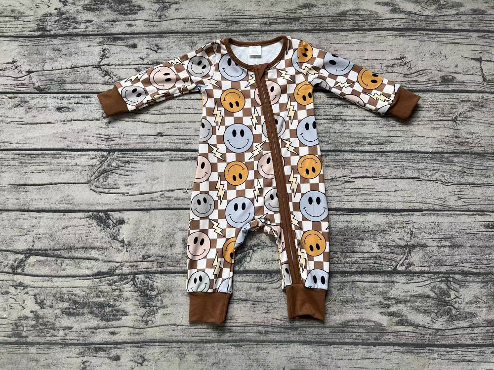 Baby Boy Long Sleeves Smile Checkered Zipper Romper