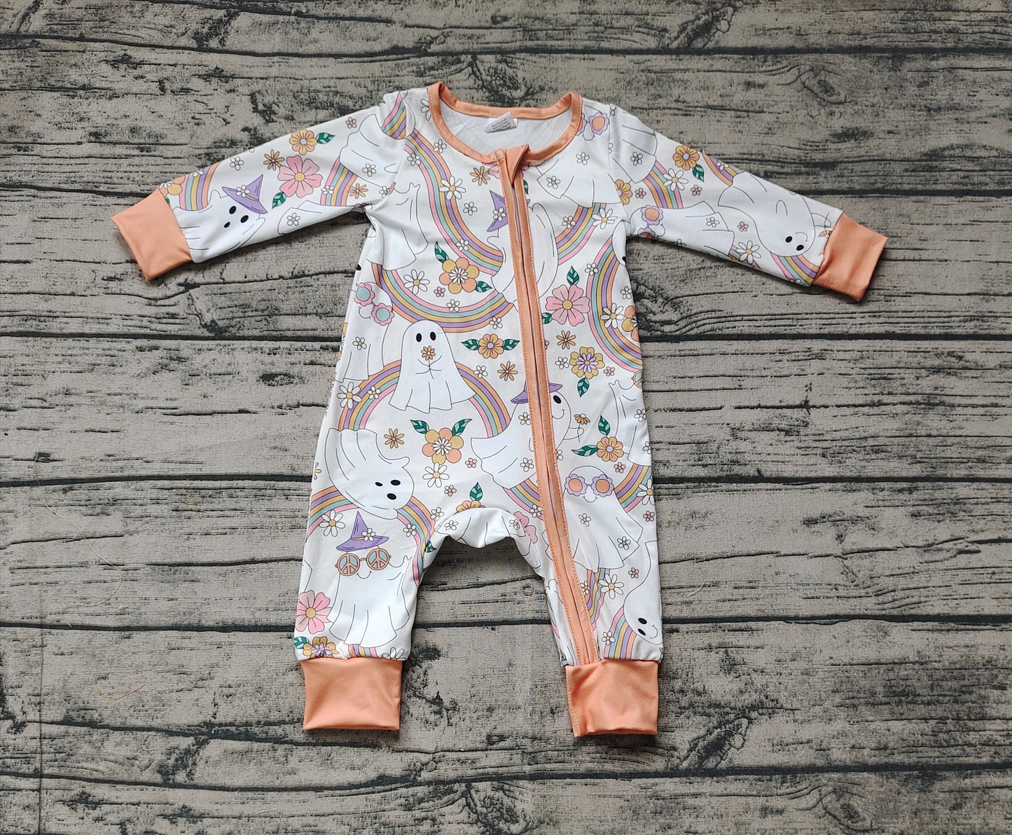 Baby Girl Bamboo Long Sleeves Halloween Fall Ghost Rainbow Flower Zipper Romper