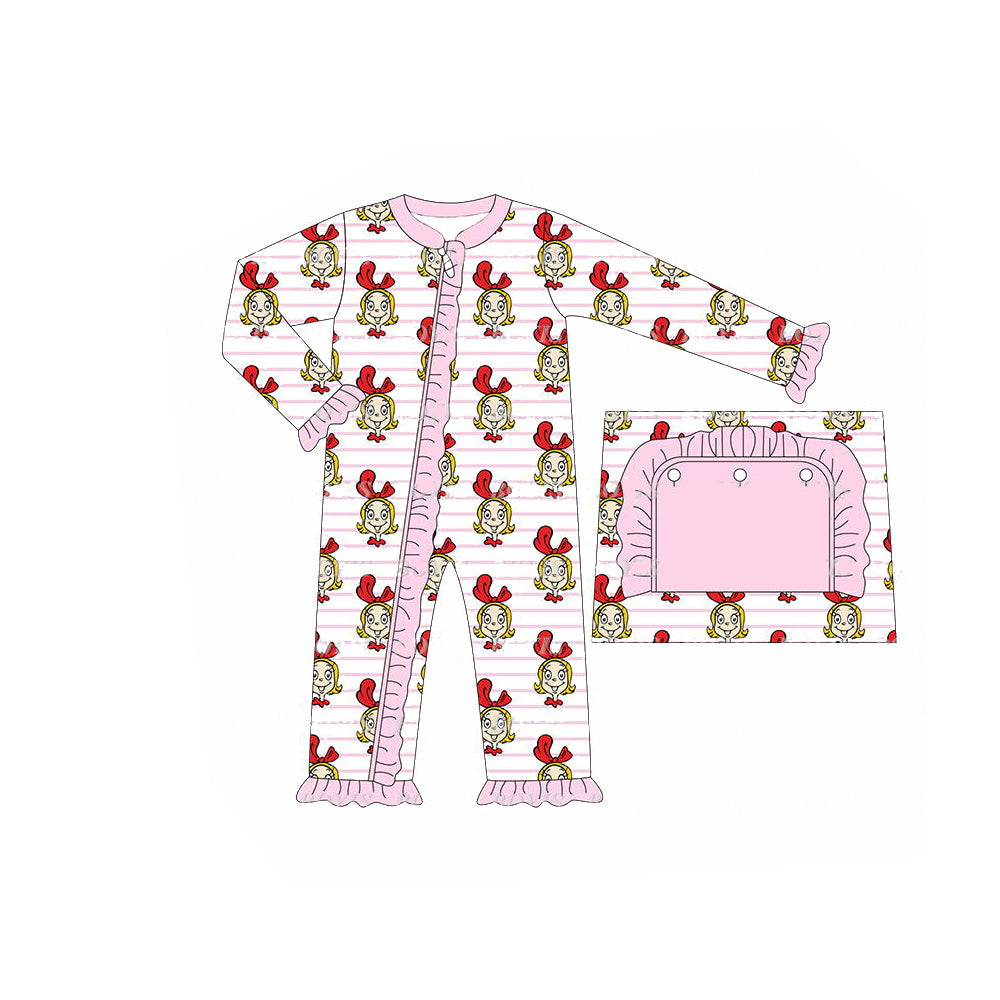 Baby Girl Long Sleeves Pink Face Christmas Zipper Romper