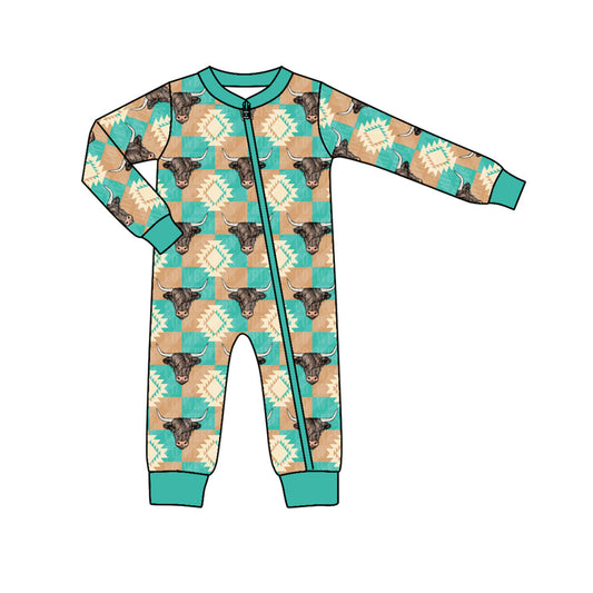 Pre-order Baby Infant Boys Teal Cow Aztec Zip Long Sleeve Romper