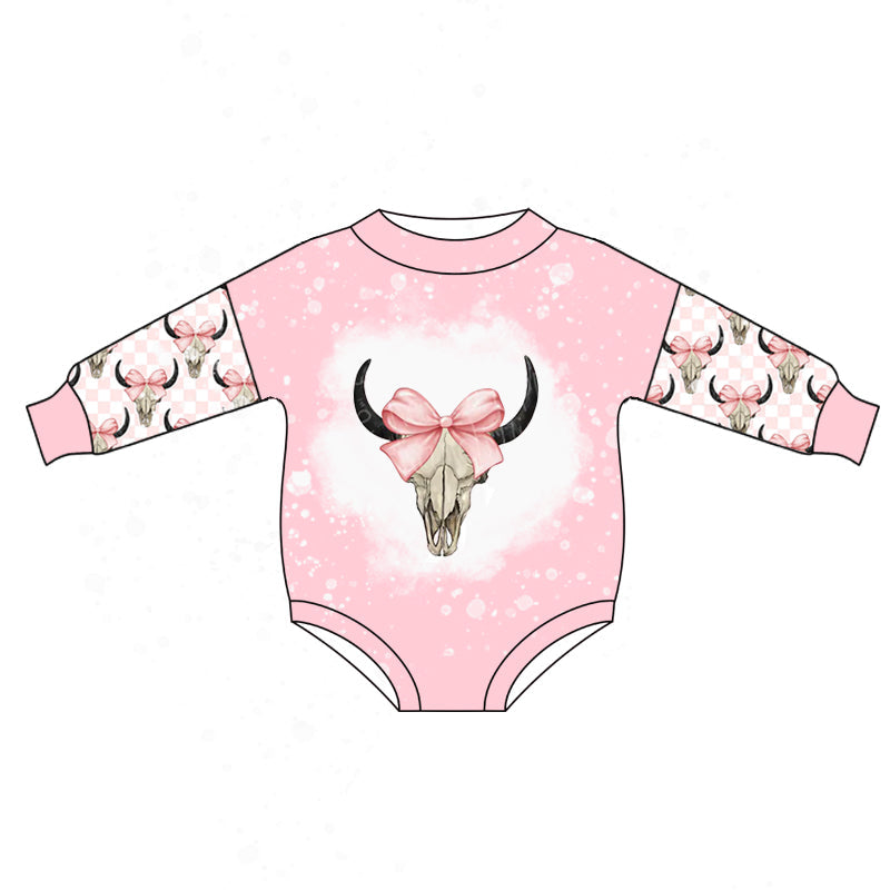 Pre-order Baby Infant Girls Pink Cow Skull Bow Long Sleeve Romper