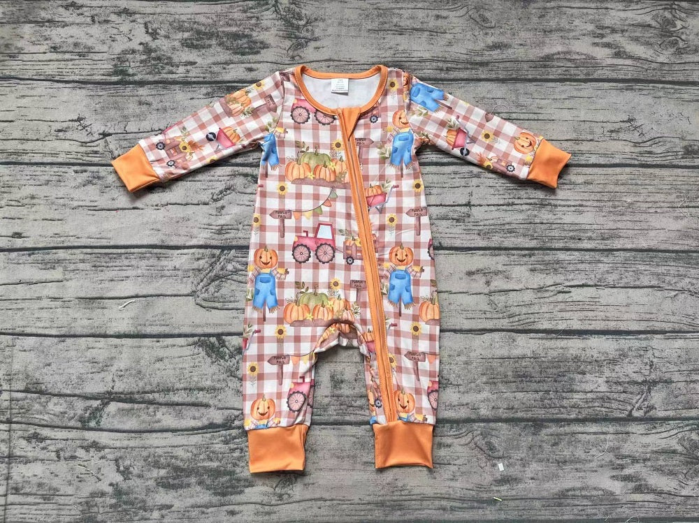 Baby Boy Long Sleeves Fall Pumpkin Trucks Zipper Bamboo Romper