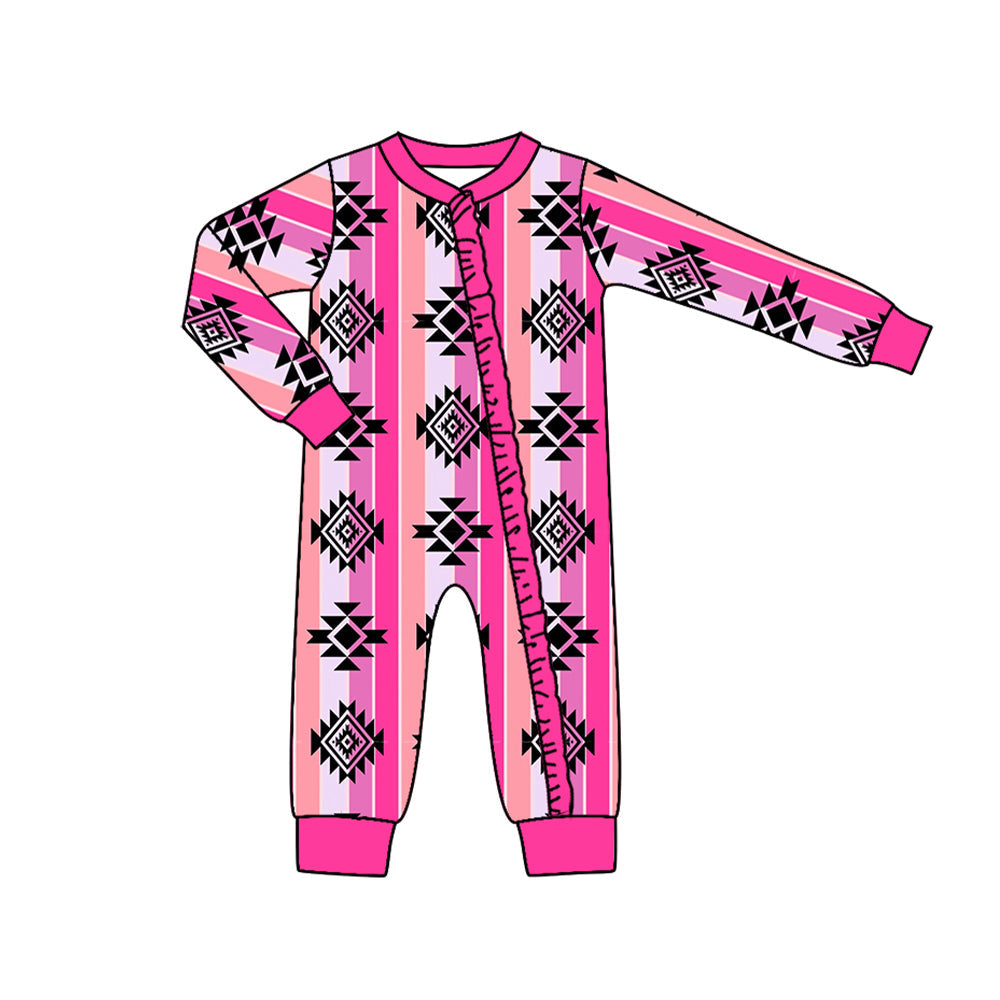 Pre-order Baby Infant Girls Western Pink Aztec Zip Ruffle Rompers