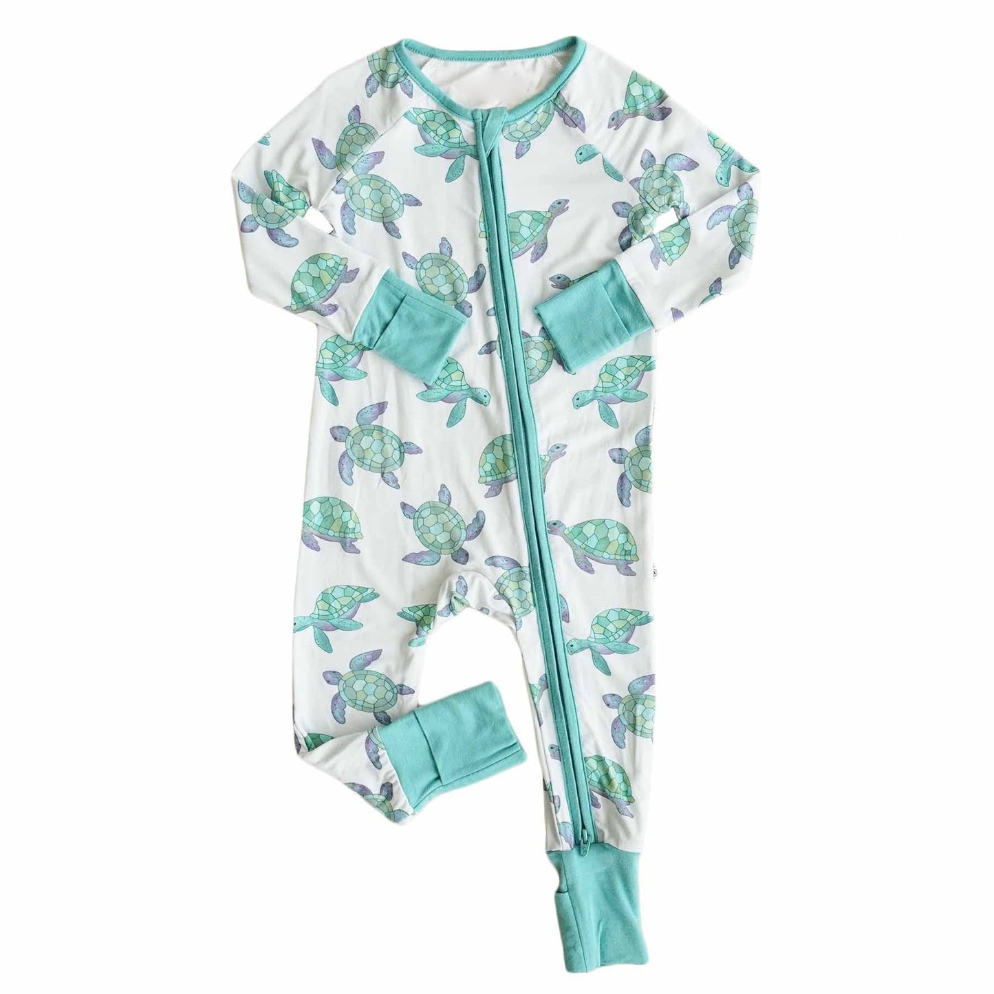 Preorder Baby Infant Boys Green Turtle Long Sleeve Zip Rompers