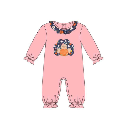 Pre-order Baby Infant Girls Pink Thanksgiving Turkey Long Sleeve Rompers