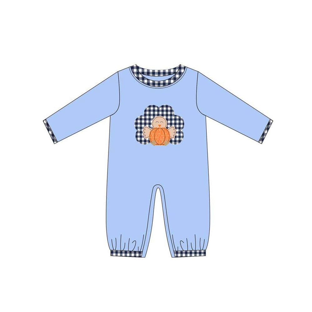 Pre-order Baby Infant Blue Thanksgiving Turkey Long Sleeve Rompers