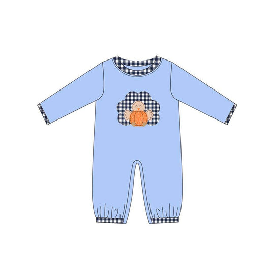 Pre-order Baby Infant Blue Thanksgiving Turkey Long Sleeve Rompers