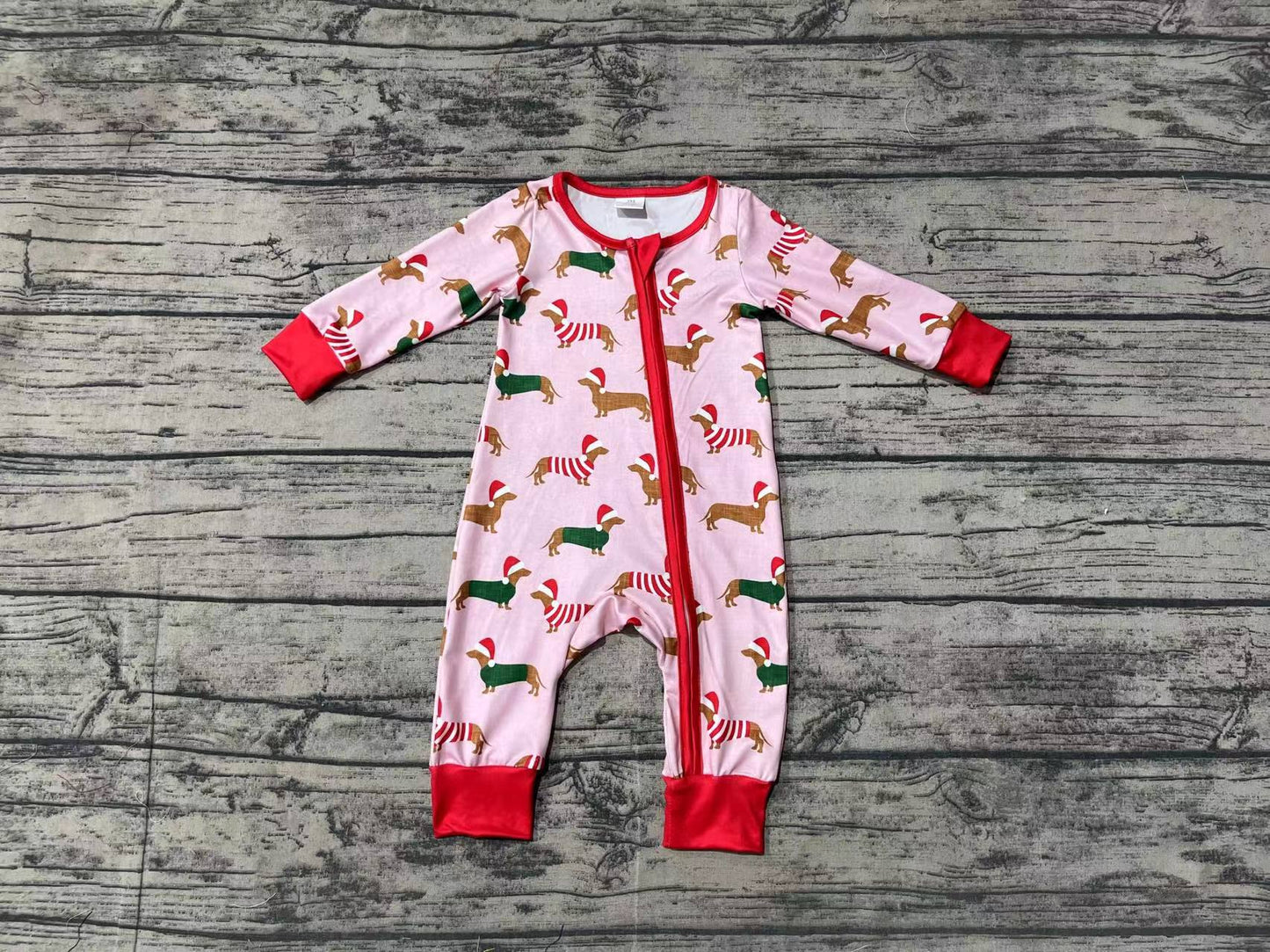 Baby Girl Infant Long Sleeves Christmas Dogs Zipper Bamboo Pink Romper