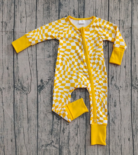 ( No moq ) Preorder Baby Boys Infant Long Sleeves Yellow Checkered Zipper Romper