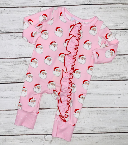 Pre-order Baby Infant Girls Christmas Pink Santa Ruffle Zip Bamboo Sleepers Romper