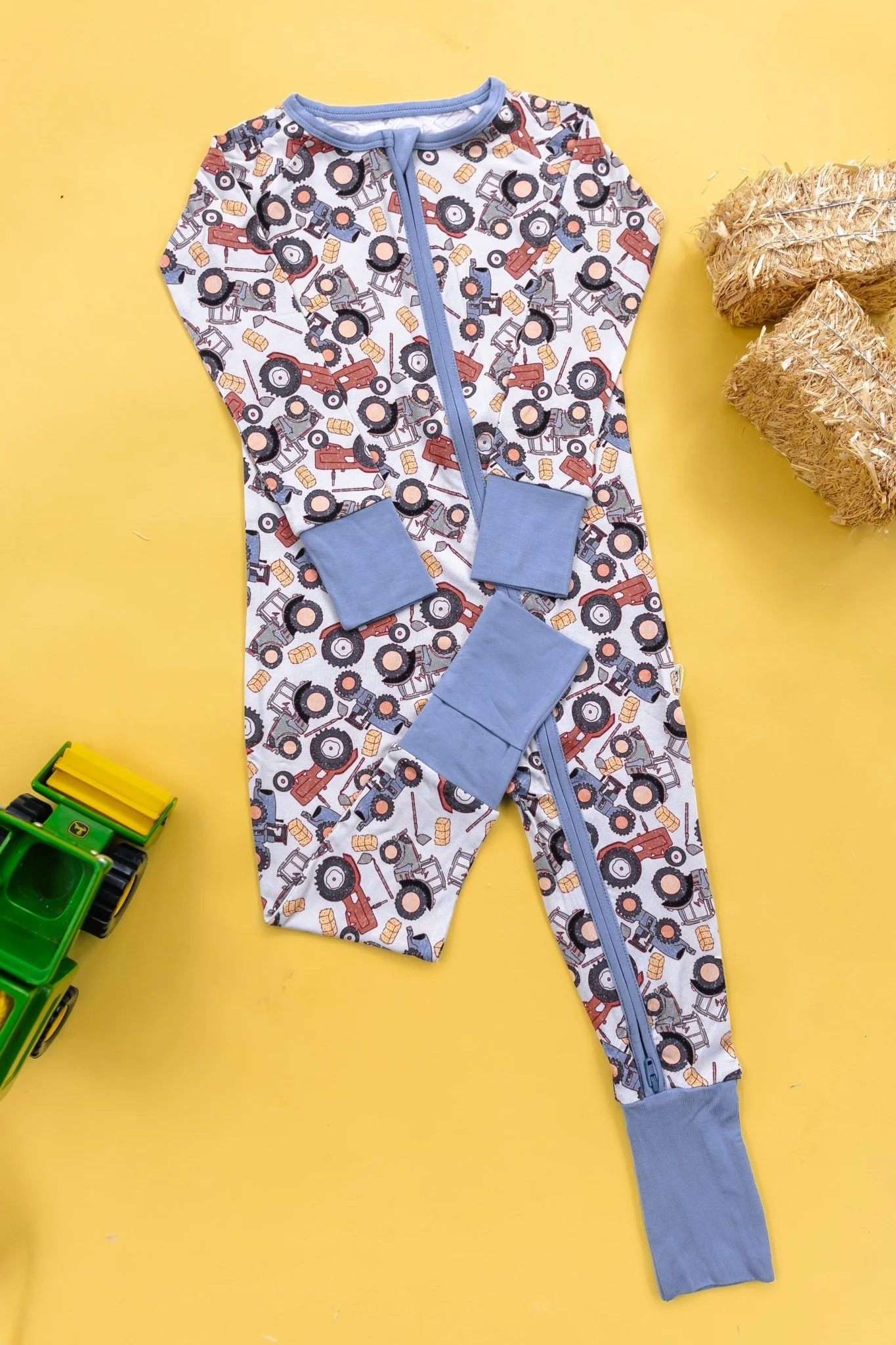 Pre-order Baby Infant Boys Trucks Farm Blue Zip Romper