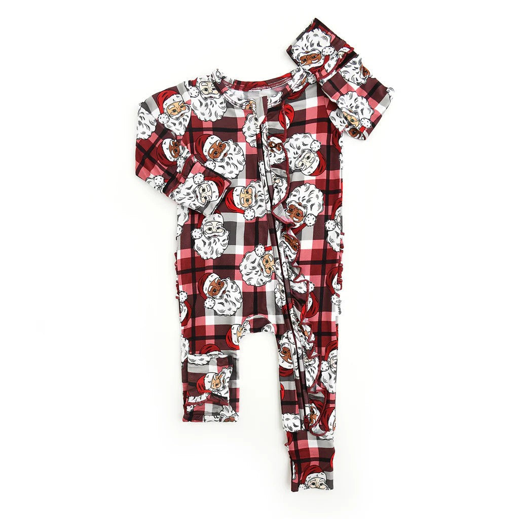 Pre-order Baby Infant Girls Christmas Santa Checkered Zip Romper