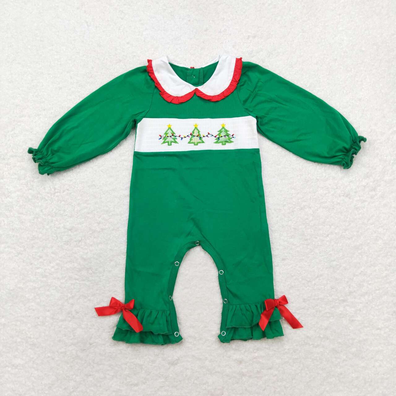 Baby Girl Christmas Embroidery Tree Lights Sibling Green Romper Dress