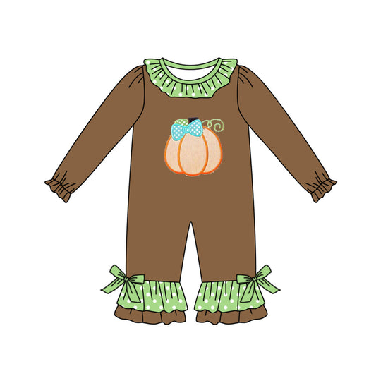 Pre-order Baby Infant Girls Fall Brown Pumpkin Bows Romper