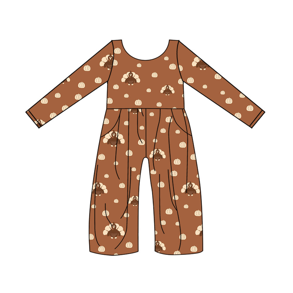 Pre-order Baby Girls Thanksgiving Turkey Pumpkin Long Sleeve Pockets Jumpsuit