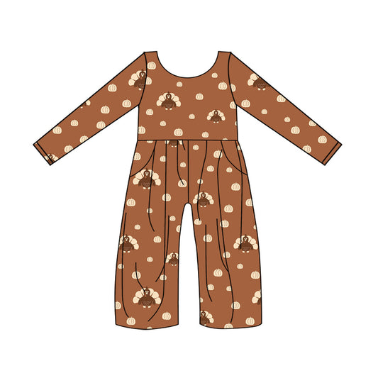 Pre-order Baby Girls Thanksgiving Turkey Pumpkin Long Sleeve Pockets Jumpsuit