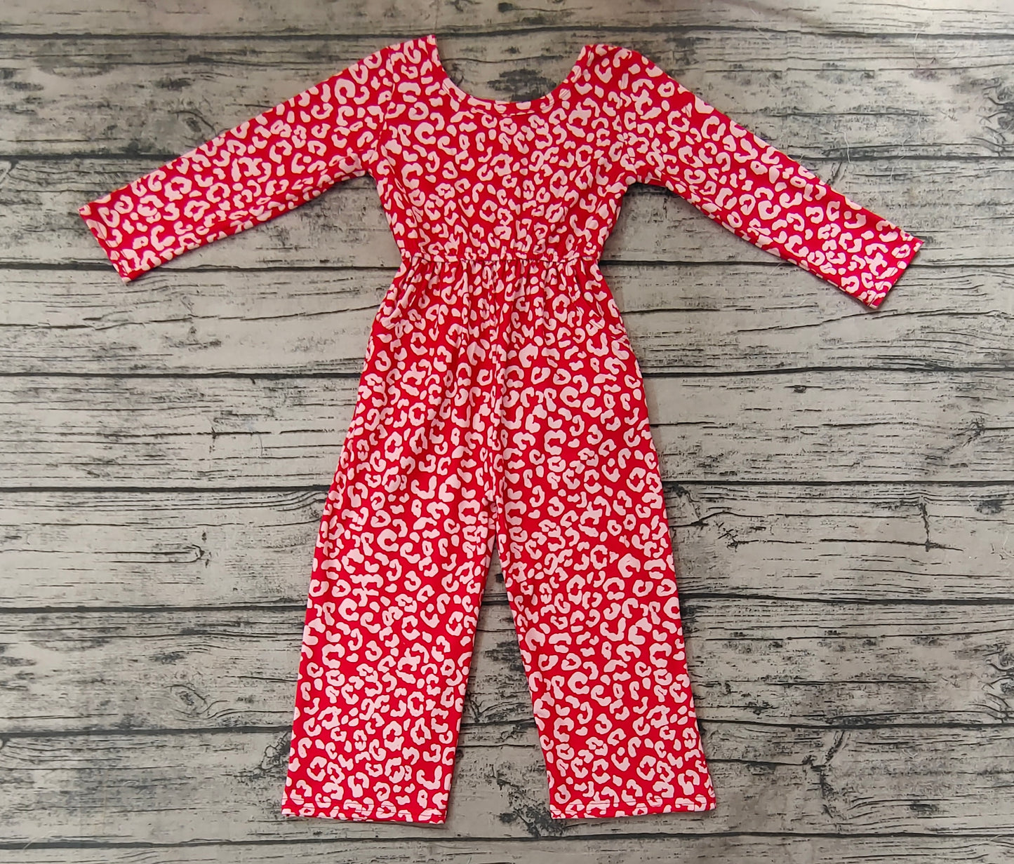 Baby Girl Long Sleeves Red Leopard Long Sleeves Pocket Jumpsuit