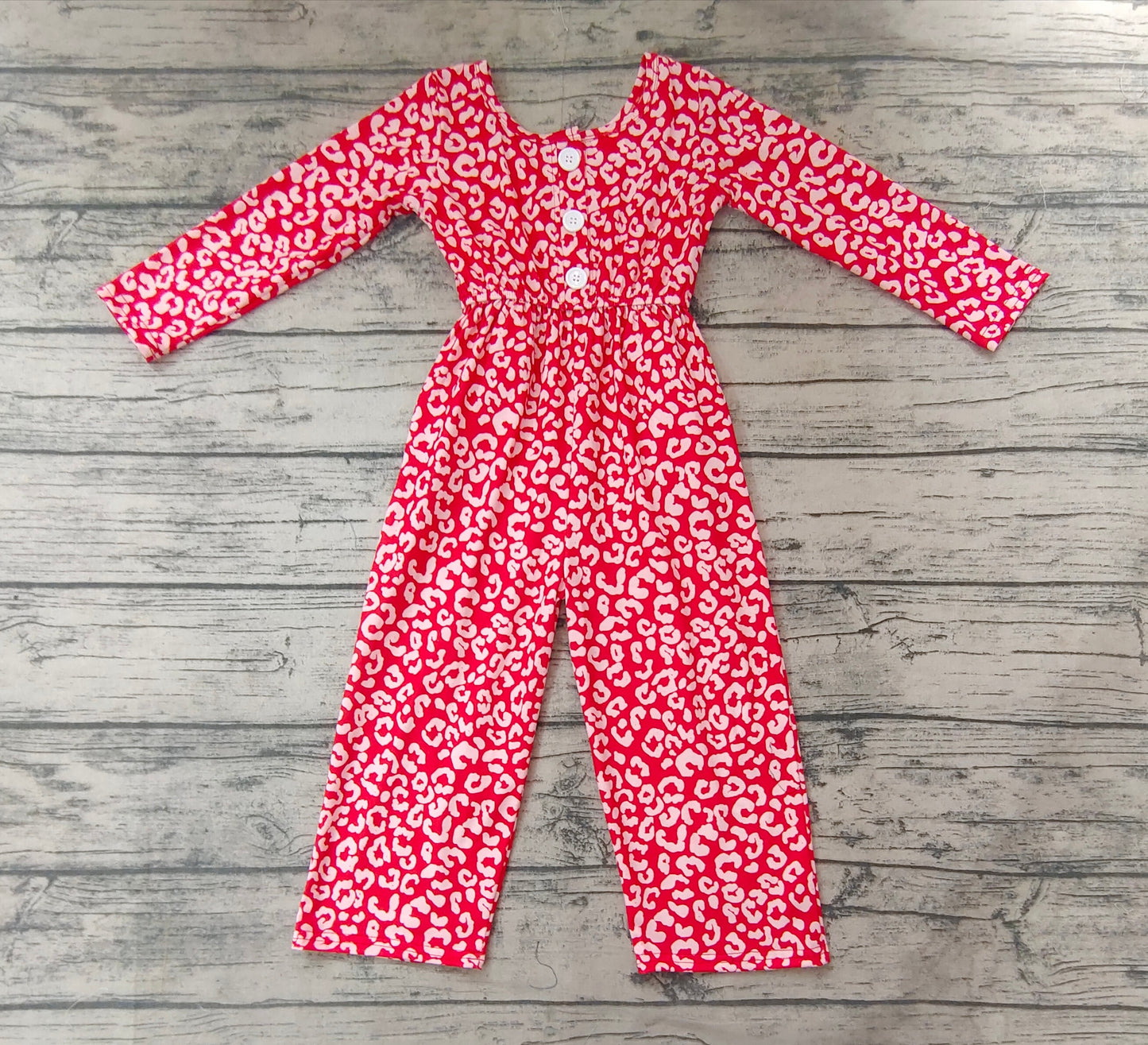 Baby Girl Long Sleeves Red Leopard Long Sleeves Pocket Jumpsuit