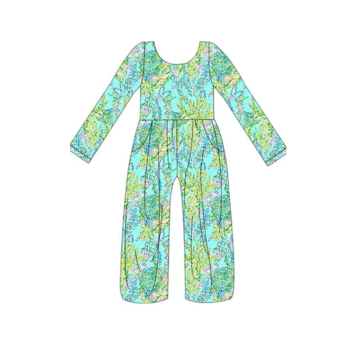 Pre-order Baby Girls Green Leaves Long Sleeve Pockets Jumpsuit