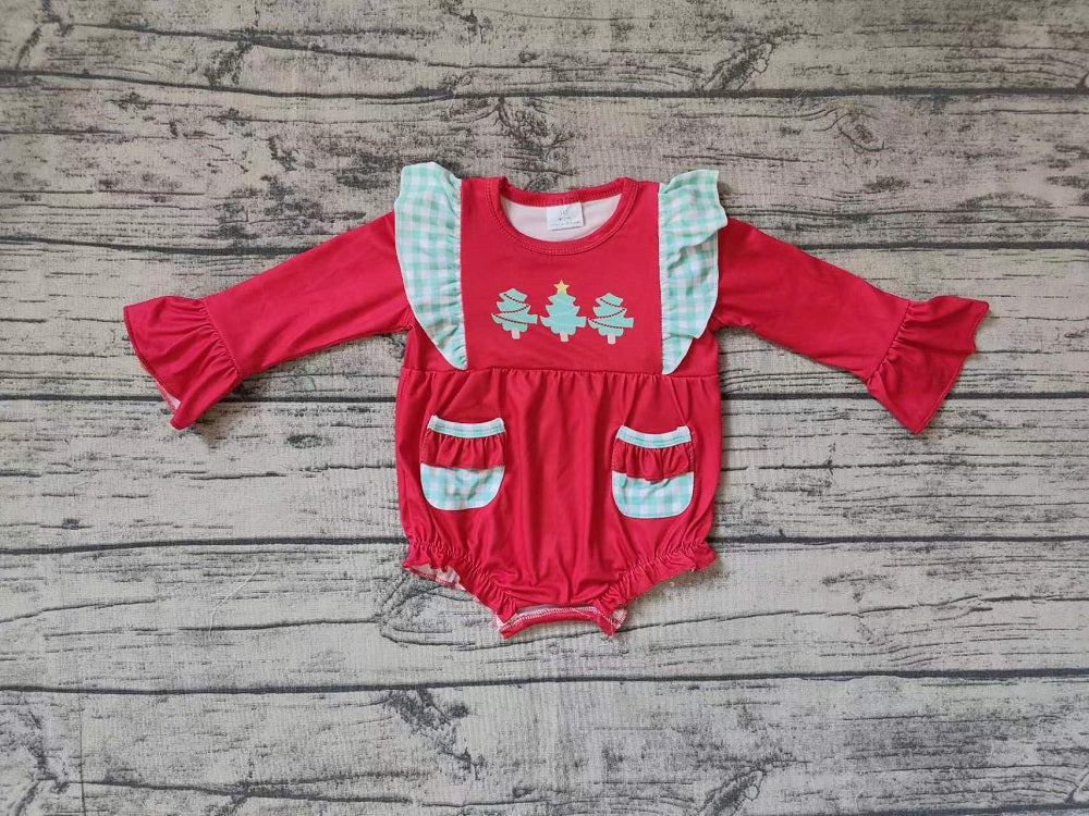 Baby Girl Christmas Tree Pockets Long Sleeves Red Romper