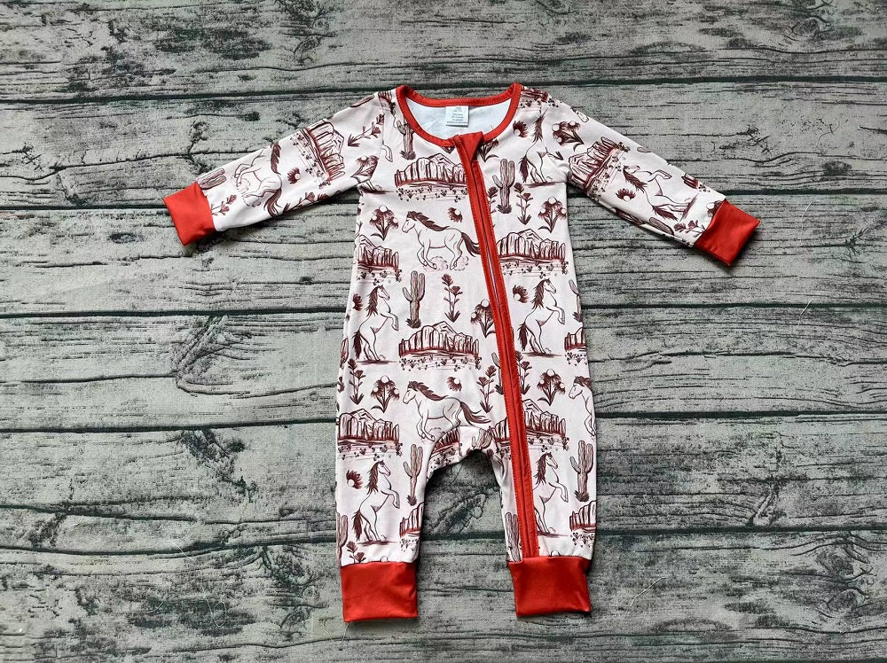 Baby Boy Long Sleeves Western Horse Cactus Zipper Romper