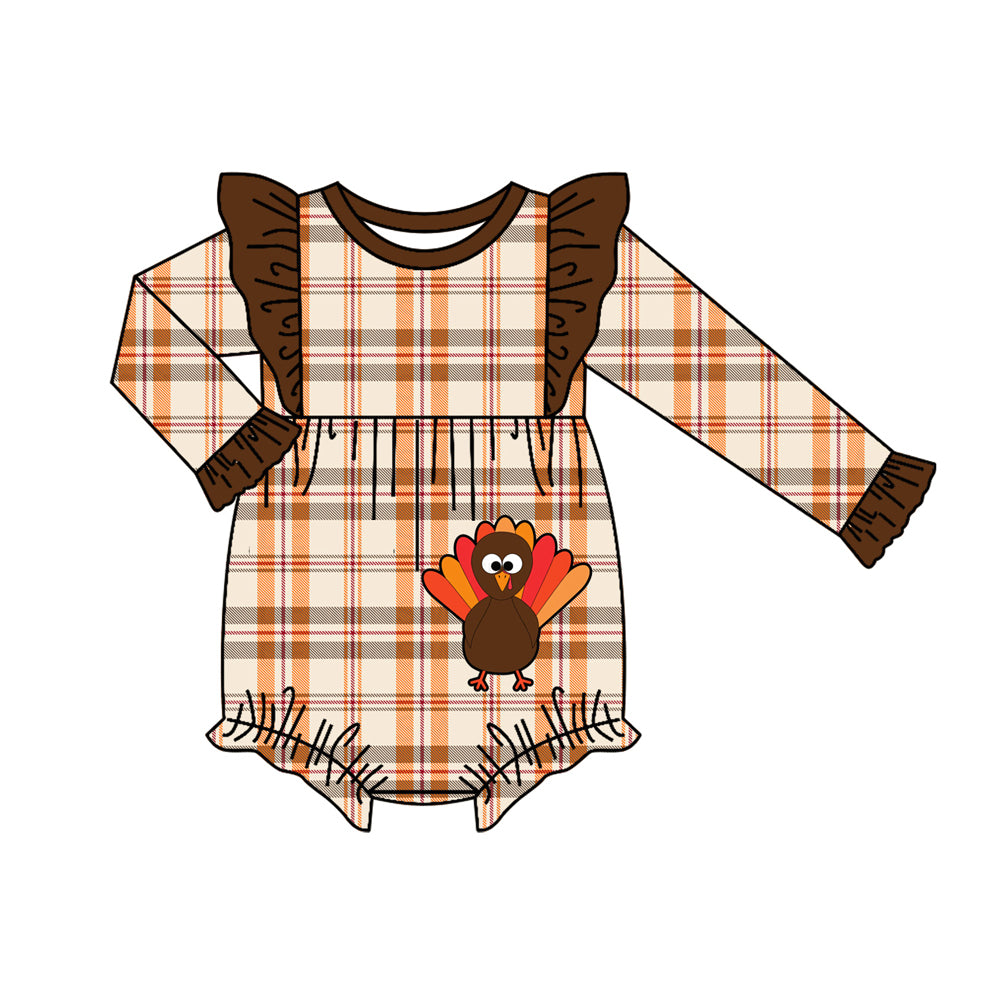 Pre-order Baby Infant Girls Thanksgiving Checkered Turkey Long Sleeves Romper