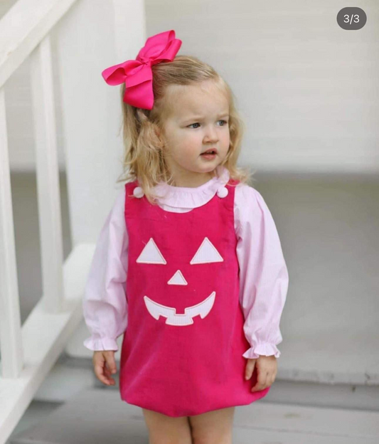 Baby Girl Pink Halloween Ghost Face Shirt Embroidery Romper