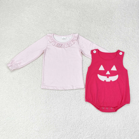 Baby Girl Pink Halloween Shirt Embroidery Ghost Face Romper Set