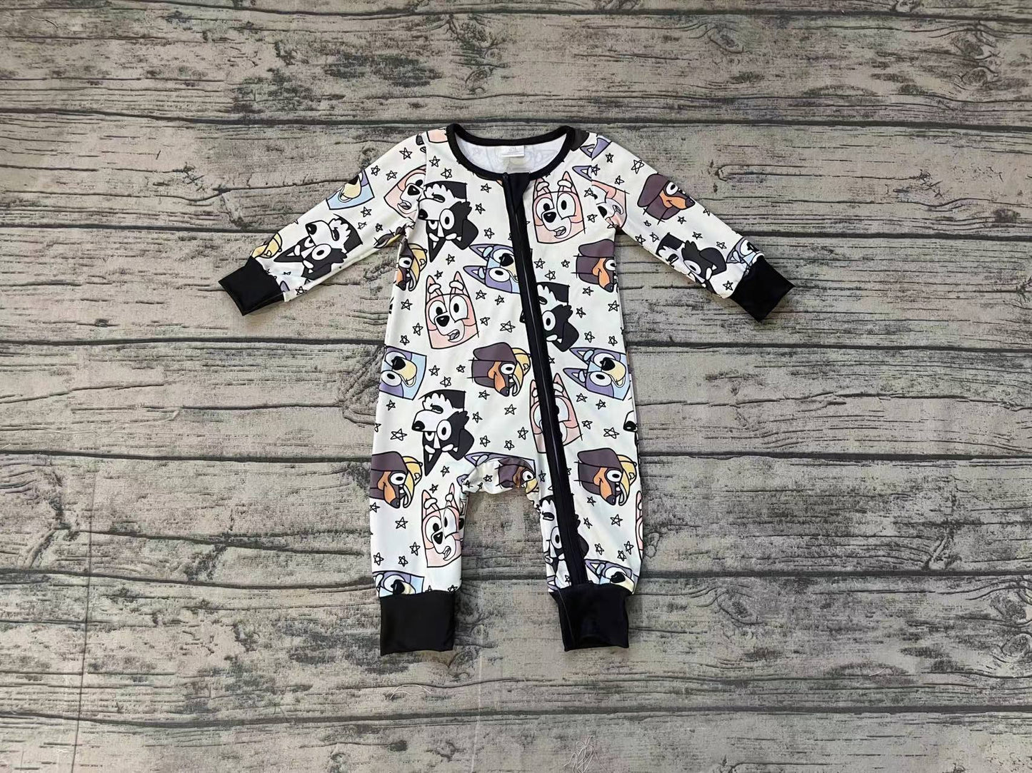 Baby Boy Long Sleeves Dogs Stars Black Zipper Bamboo Romper