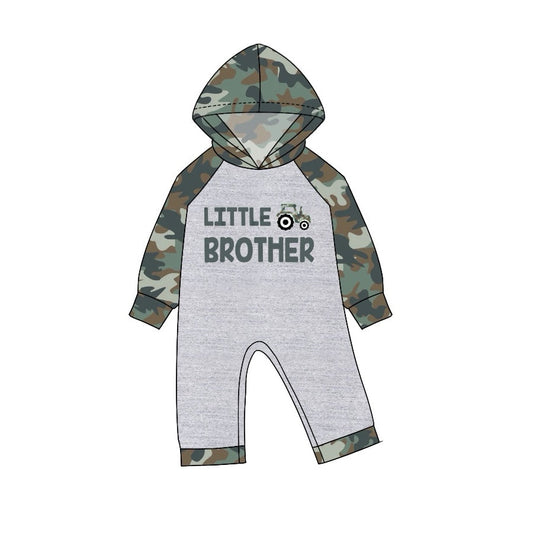 Pre-order Baby Boy Little Brother Tractor Camo Long Sleeve Hoodie Romper