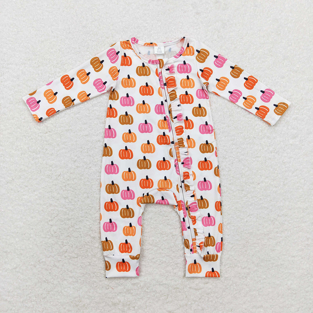 Baby Boy Girl Sibling Fall Pumpkin Zipper Romper