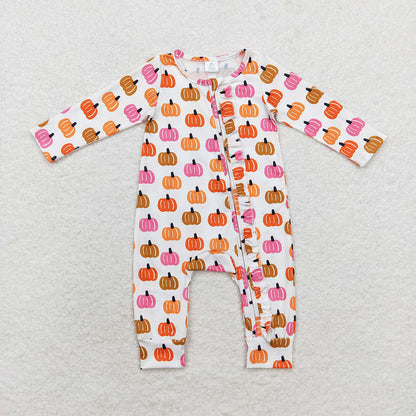 Baby Boy Girl Sibling Fall Pumpkin Zipper Romper