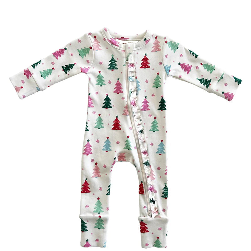 Pre-order Baby Girl Christmas Trees Zipper Long Sleeves Romper