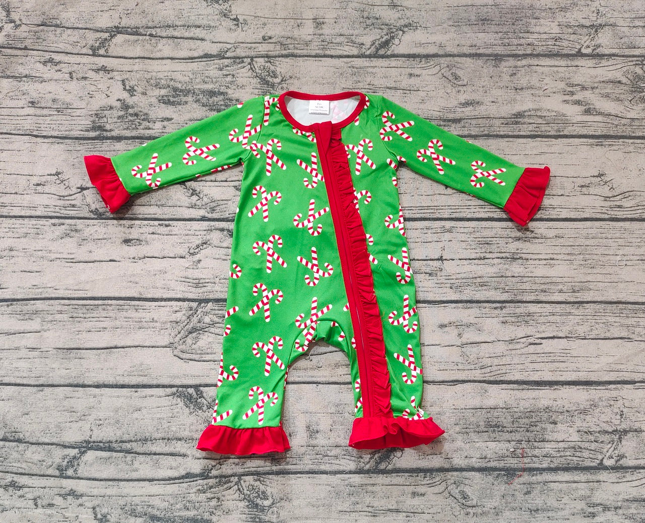 Baby Girl Long Sleeves Christmas Candy Cane Zipper Romper