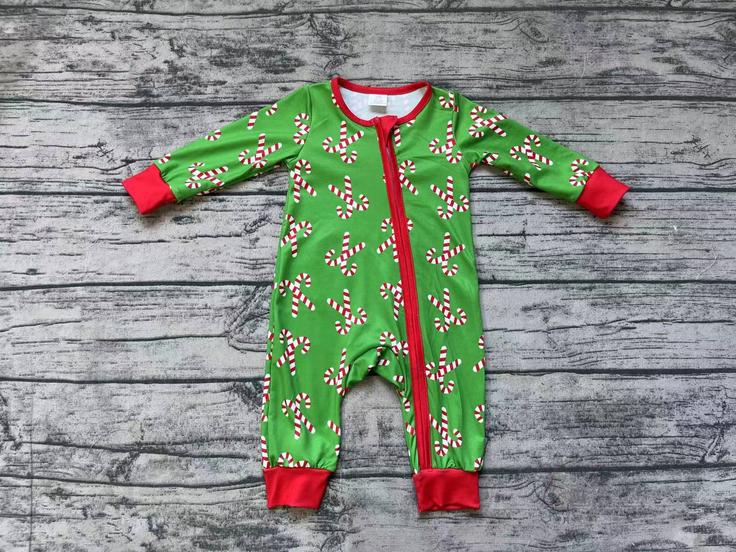 Baby Boy Long Sleeves Christmas Candy Cane Zipper Green Bamboo Romper