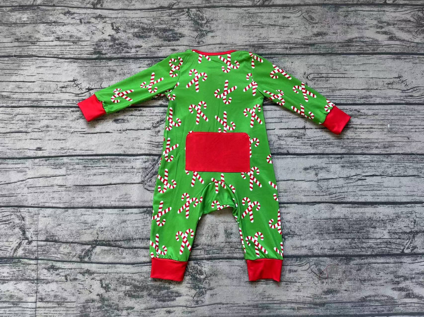 Baby Boy Long Sleeves Christmas Candy Cane Zipper Green Bamboo Romper