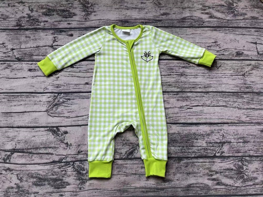 Baby Boy Infant Christmas Green Face Zipper Bamboo Romper