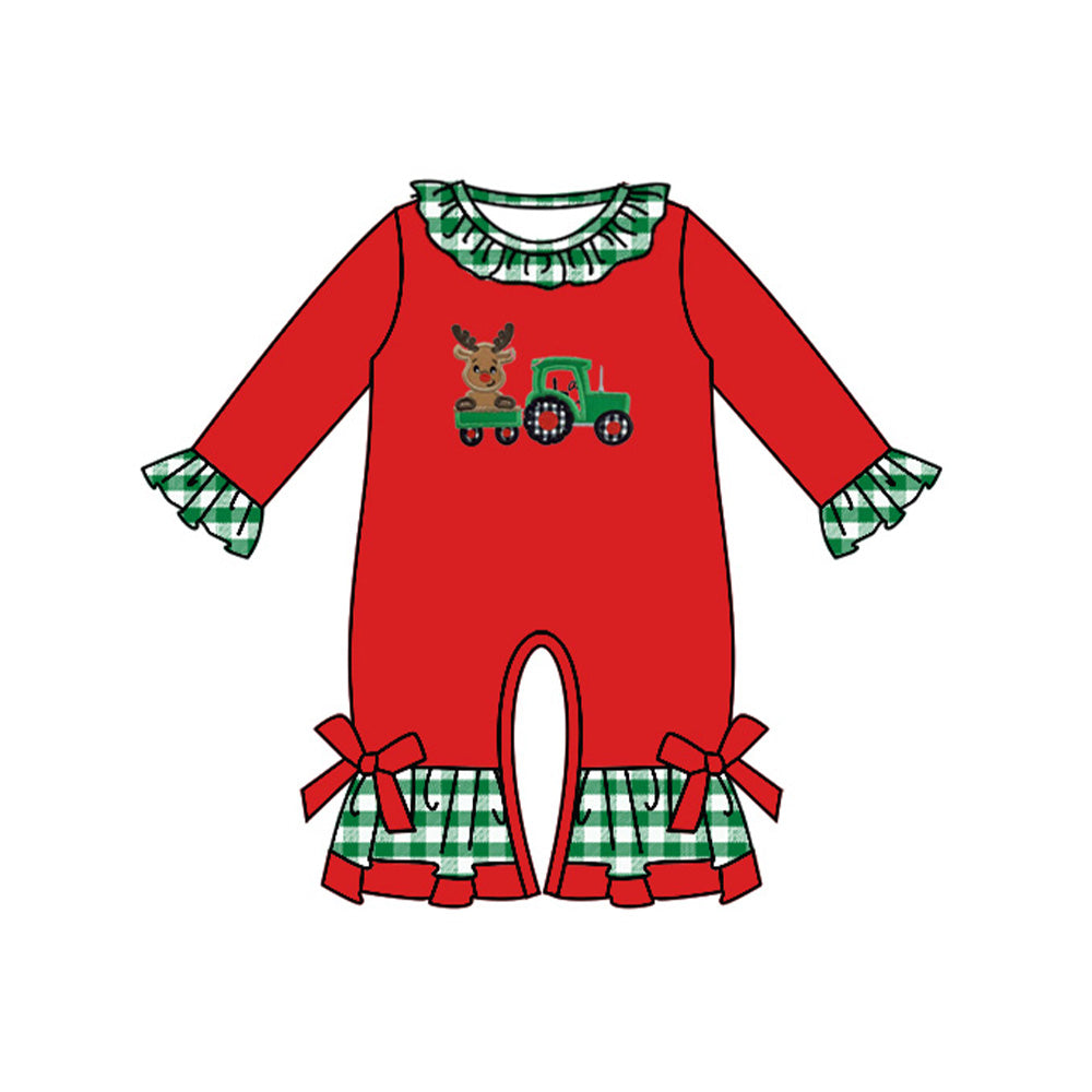 Pre-order Baby Girl Infant Red Christmas Tractor Deer Red Romper