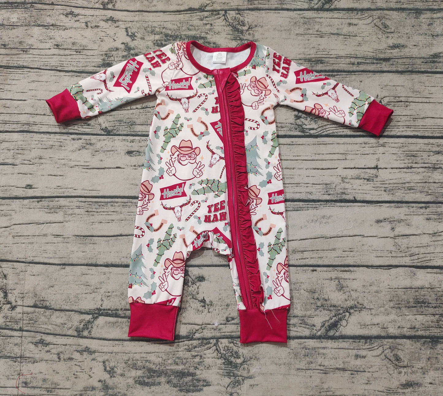 Baby Girl Long Sleeves Christmas Western Cactus Santa Zipper Bamboo Romper