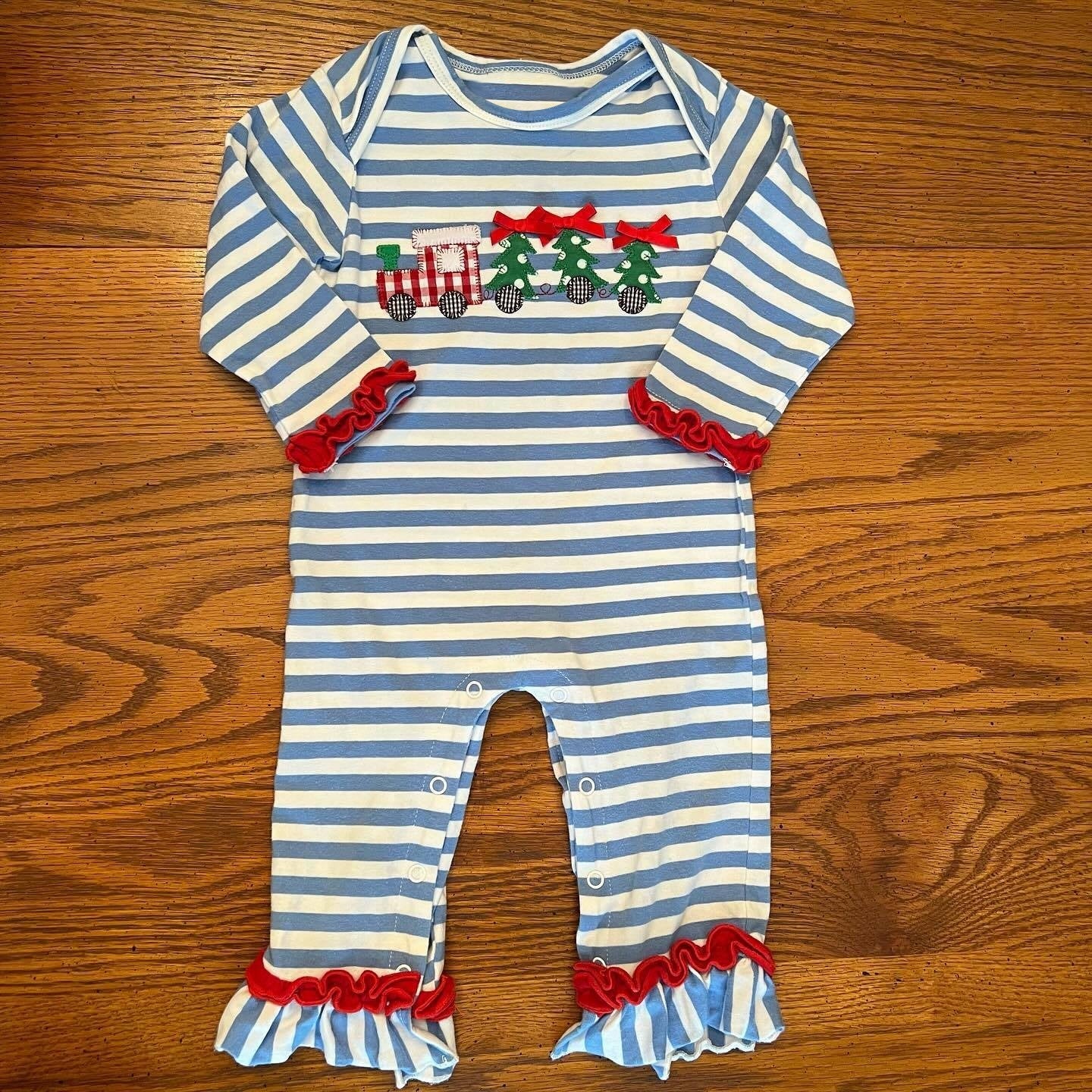 Pre-order Baby Girl Christmas Long Sleeves Tractor Trees Stripes Romper