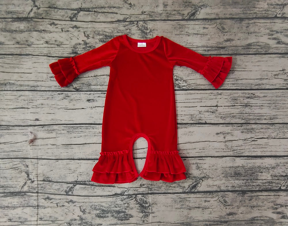 Baby Girl Red Velvet Ruffle Long Sleeves Romper