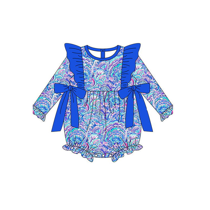 Pre-order Baby Girl Long Sleeves Blue Sea Shell Bows Romper