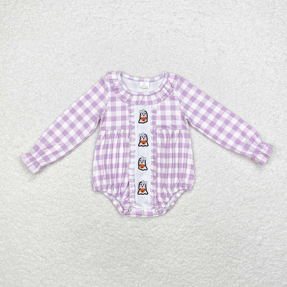 Baby Girl Embroidery Ghost Pumpkin Sibling Sister Purple Checkered Halloween Clothes Set