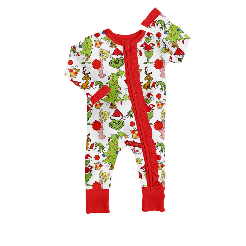 Pre-order Baby Girl Christmas Green Face Frog Zipper Romper