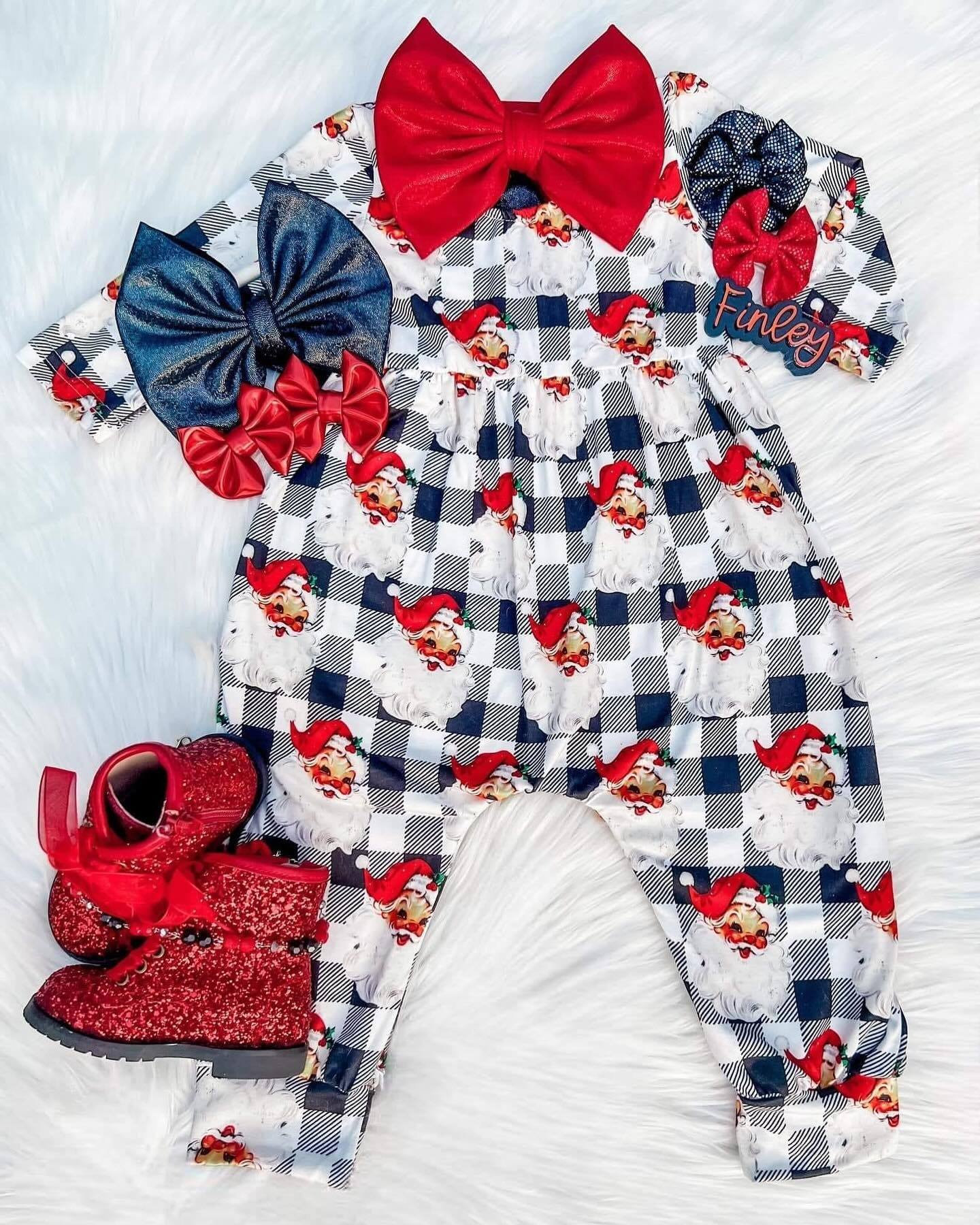Pre-order Baby Girl Long Sleeves Christmas Checkered Santa Romper