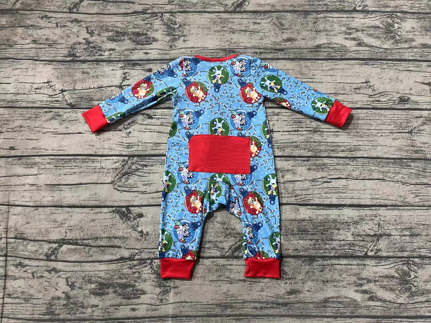 Baby Boy Long Sleeves Christmas Dogs Zipper Blue Romper