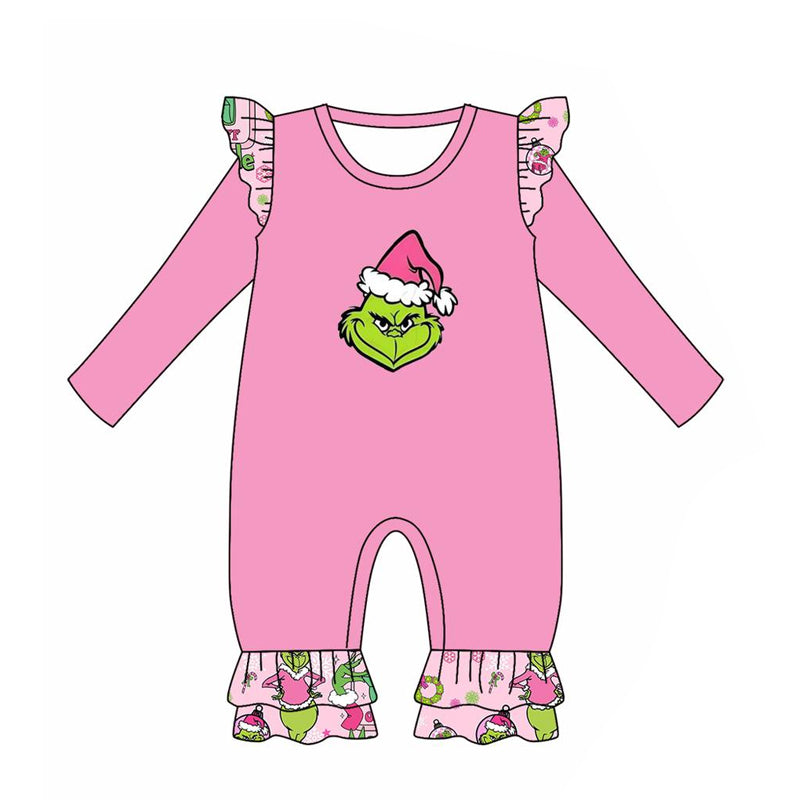 Pre-order Baby Girl Long Sleeves Christmas Green Face Pink Romper